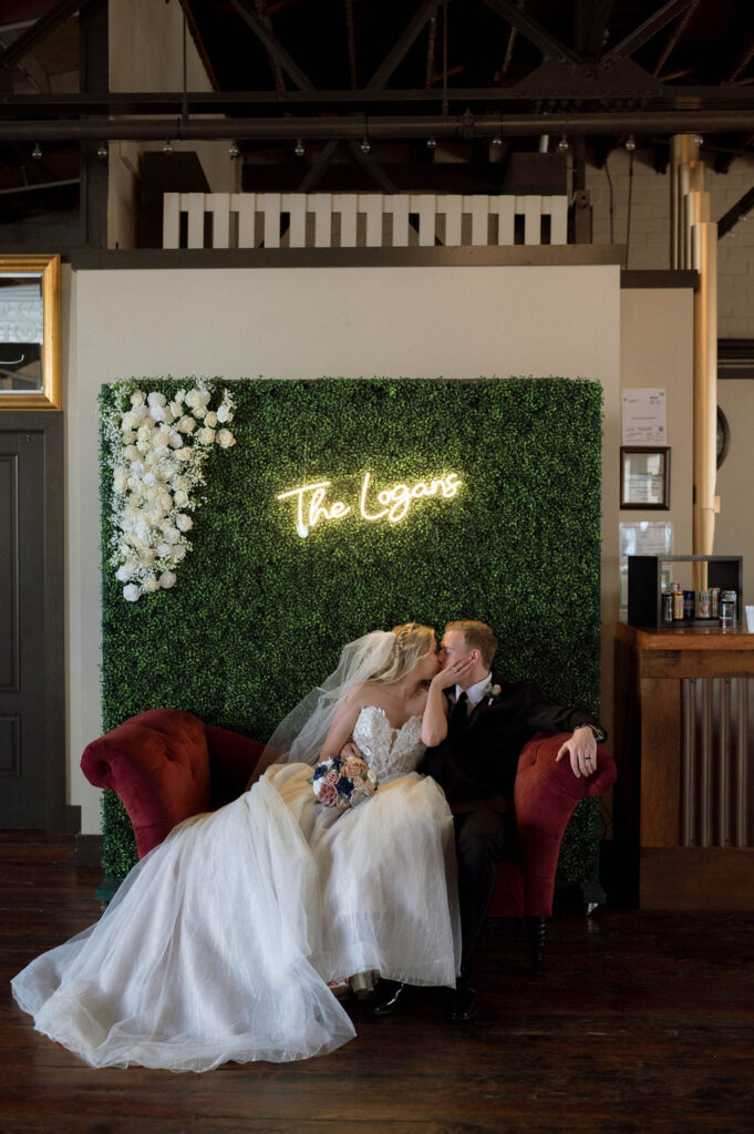 bride & groom kissing inside by Illinois wedding photographer