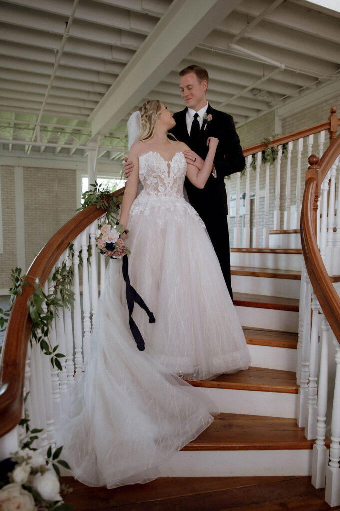 bride & groom inside Olde Wicks Factory by Illinois wedding photographer