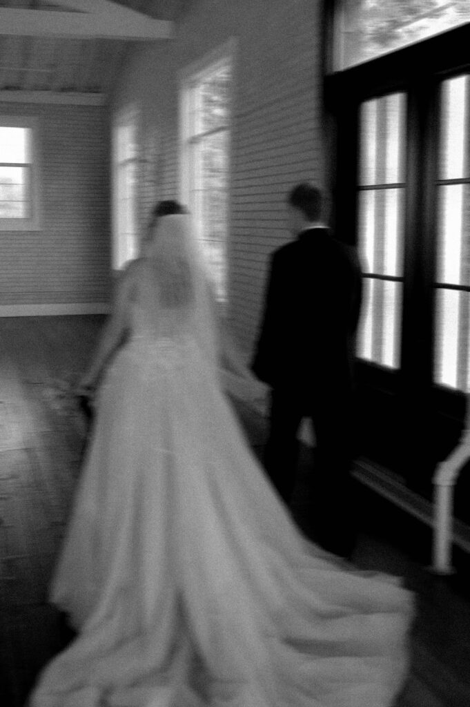 blurry black & white bride and groom by Illinois wedding photographer