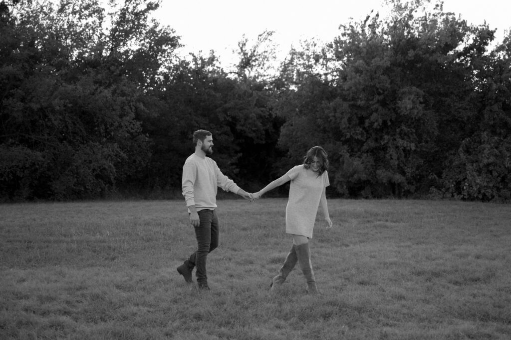 Romantic couple walking during DFW Engagement Photos