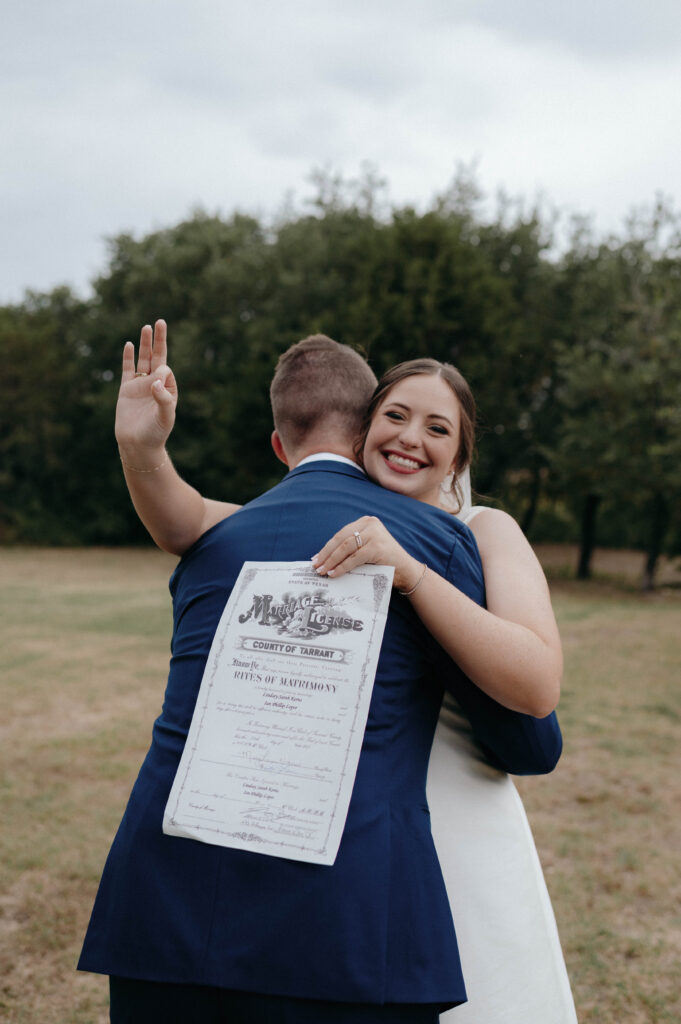 bride and groom with marriage license