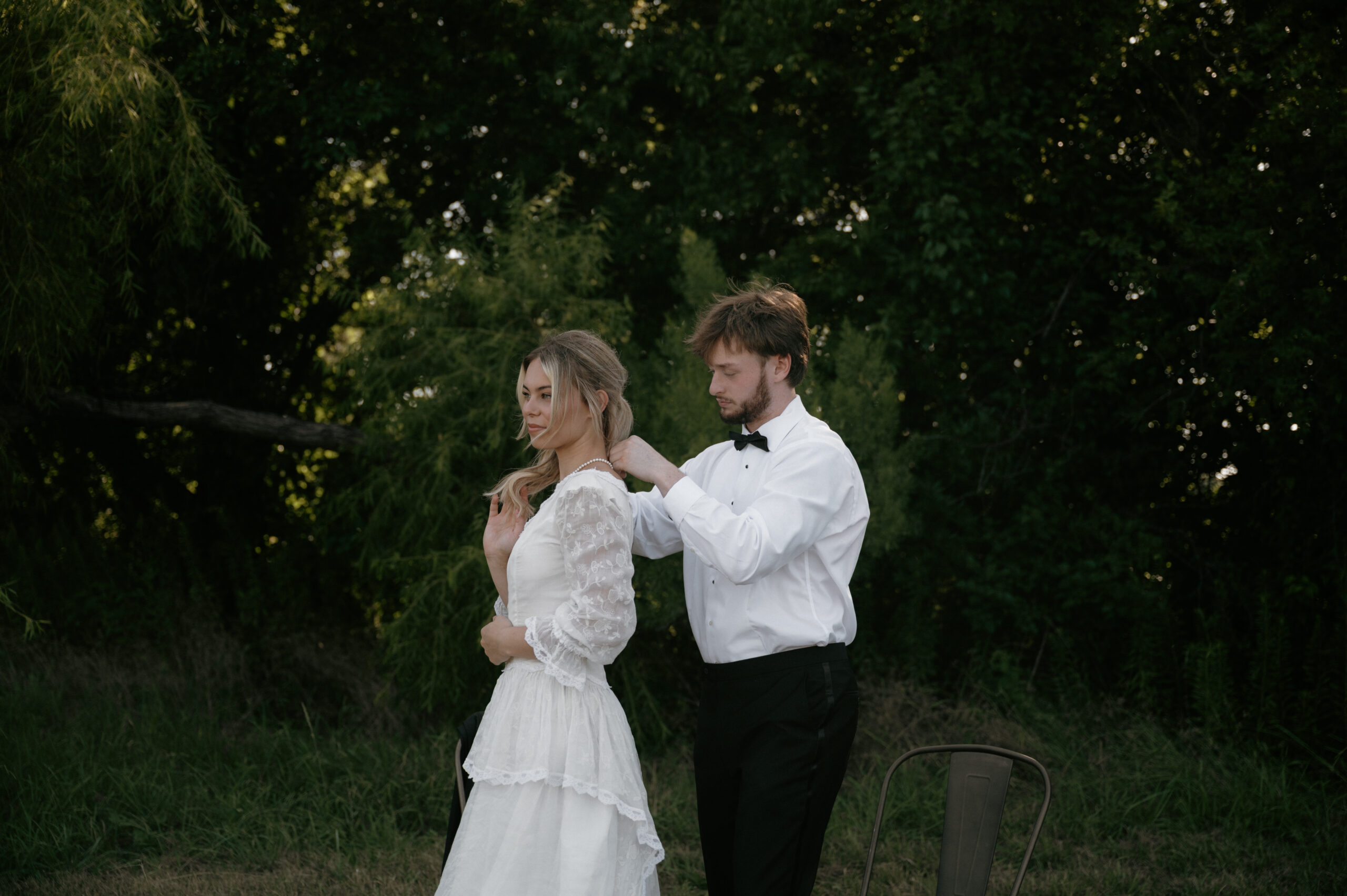 bride and groom getting ready together in Fort Worth, TX