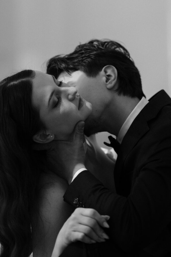 romantic black and white wedding photo taken by Dallas Wedding Photographer