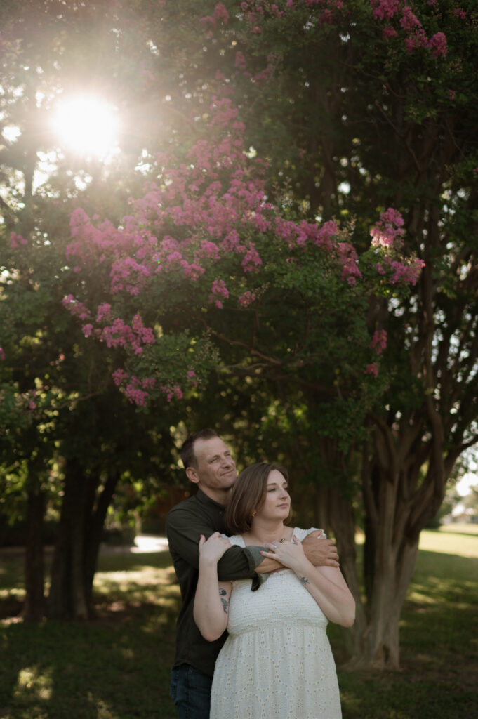 Morning sunlight engagement session taken by Dallas wedding photographer