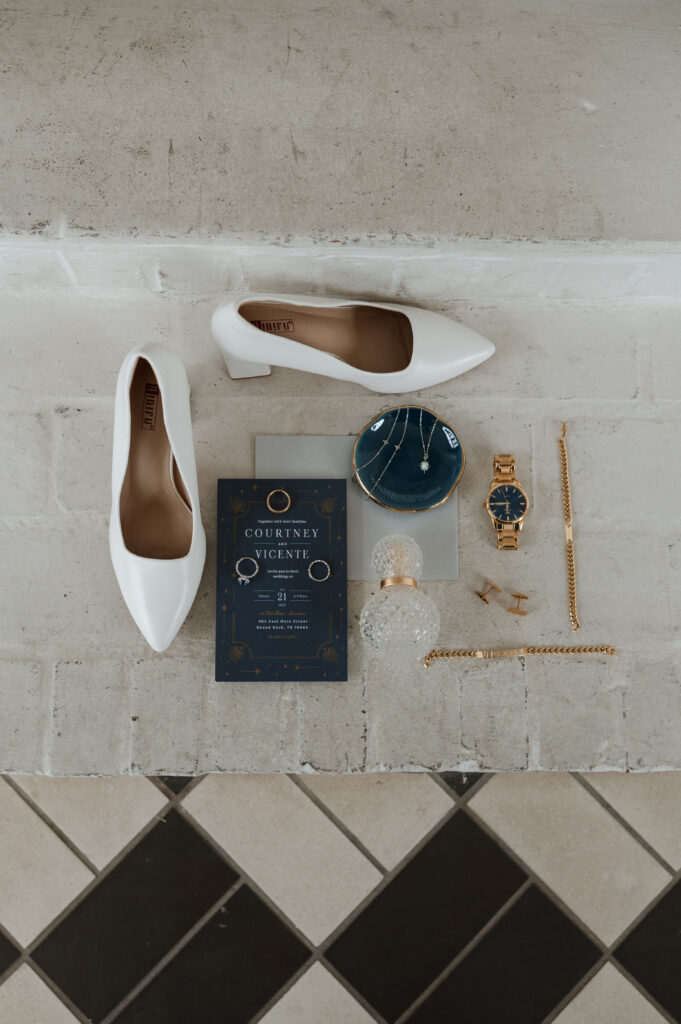 Wedding flatlay at Woodbine Mansion