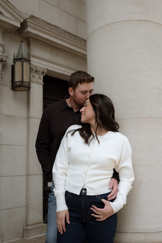 Romantic city engagement photo taken by DFW wedding photographer
