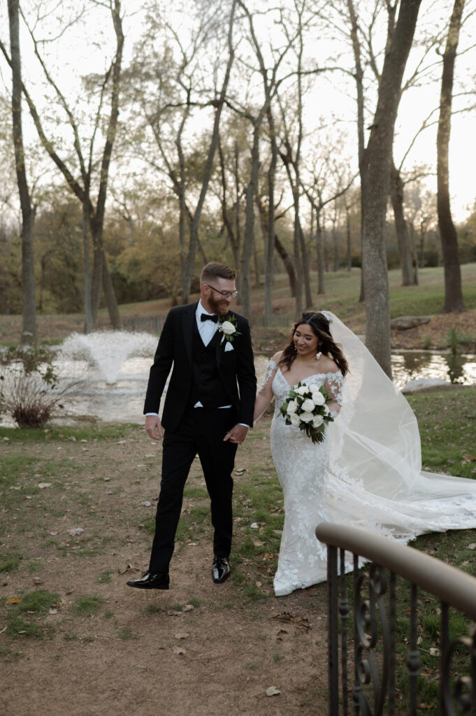 Bride and groom walking together 