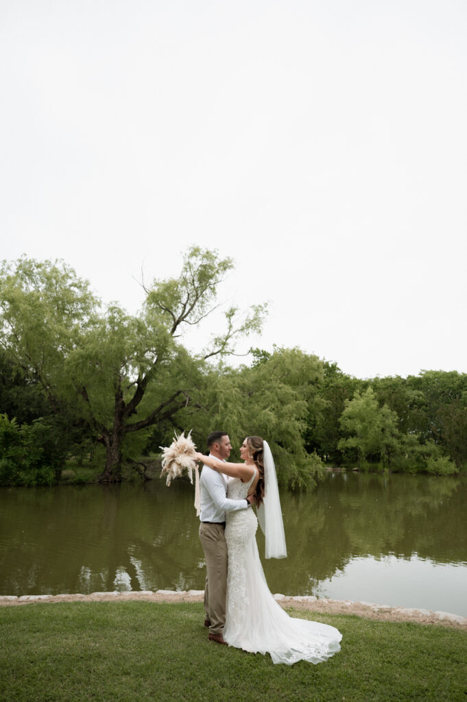 bride and groom at boho chic backyard wedding