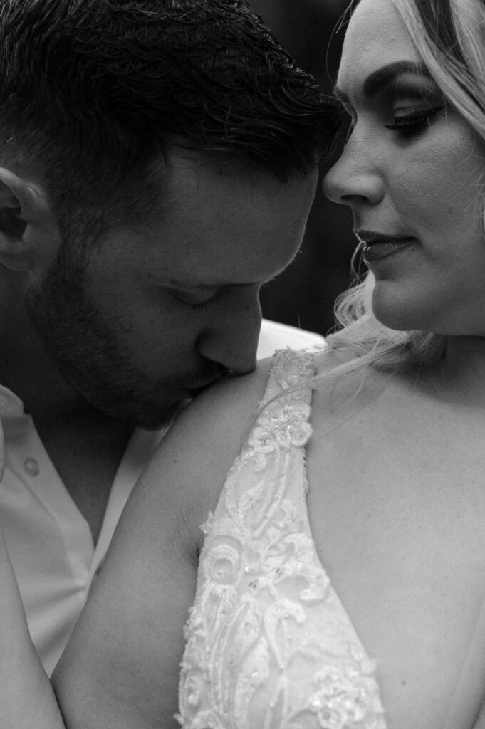 romantic closeup photo of bride and groom