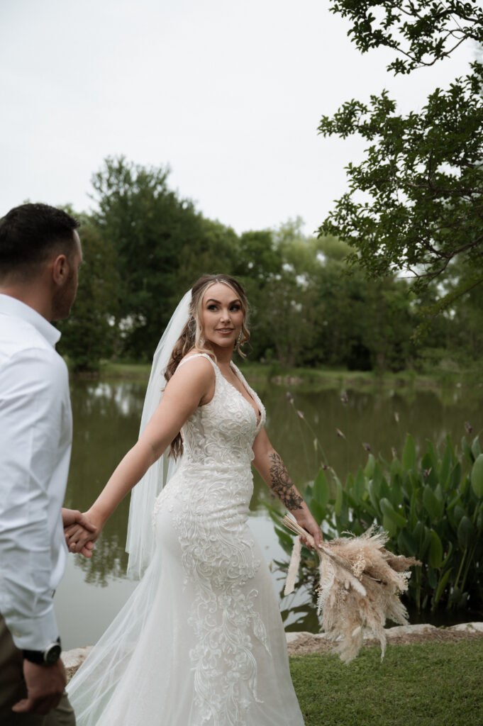 photo of bride and groom walking together