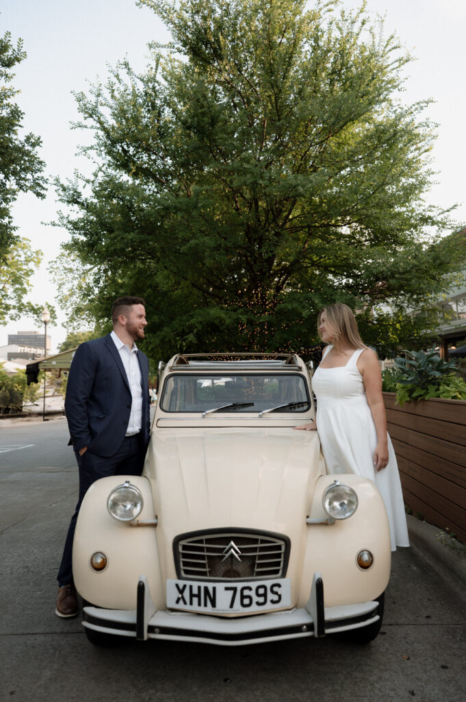 couple looking at each other in Bishop Arts District