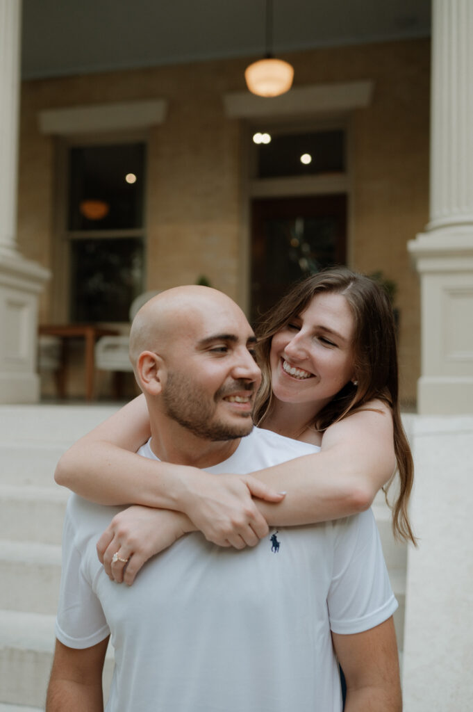 couple embracing at engagement photo session