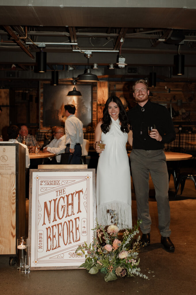 bride and groom welcome party photo taken at Cabin Juice in Breckenridge, CO