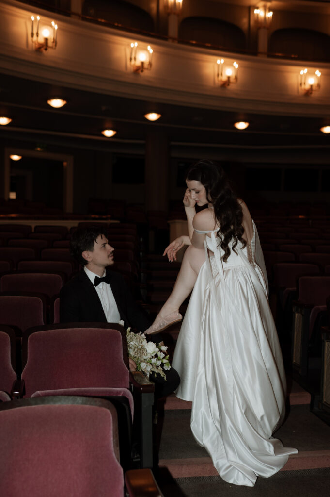 romantic wedding photos taken inside Bass Performance Hall theatre