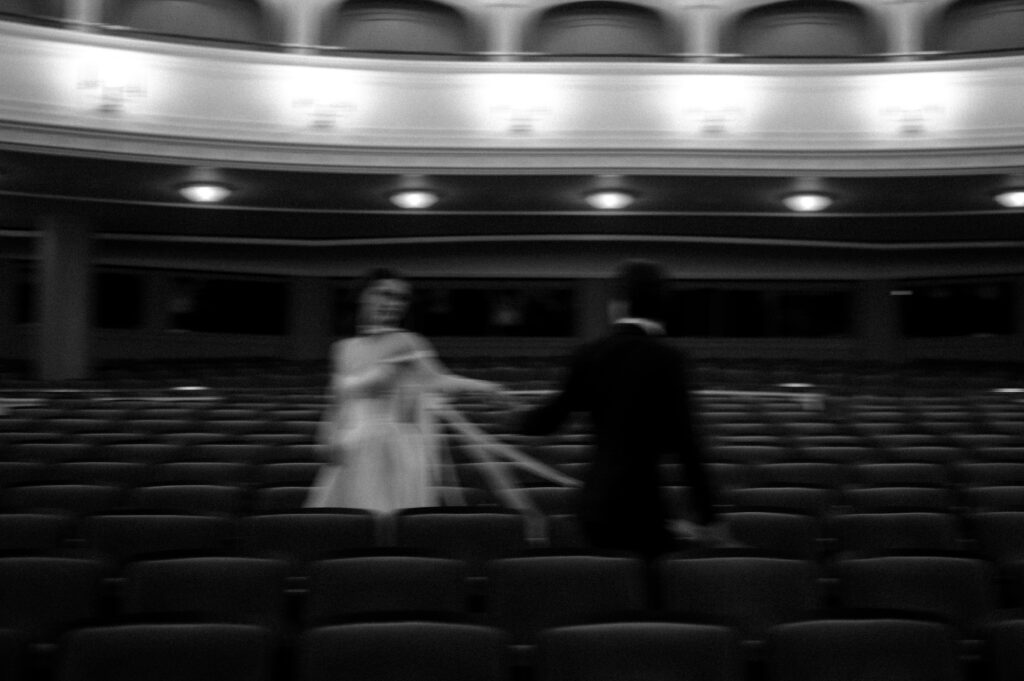 Romantic couple portrait inside Bass Performance Hall in Fort Worth Texas