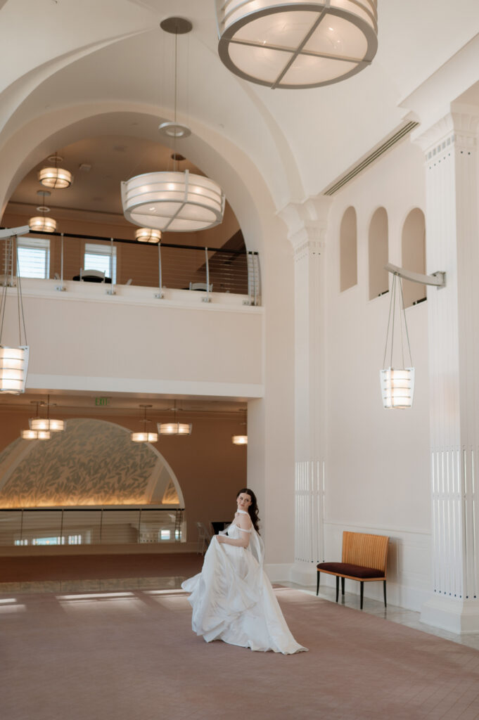 Flowing dress movement during romantic styled shoot at Bass Hall Fort Worth