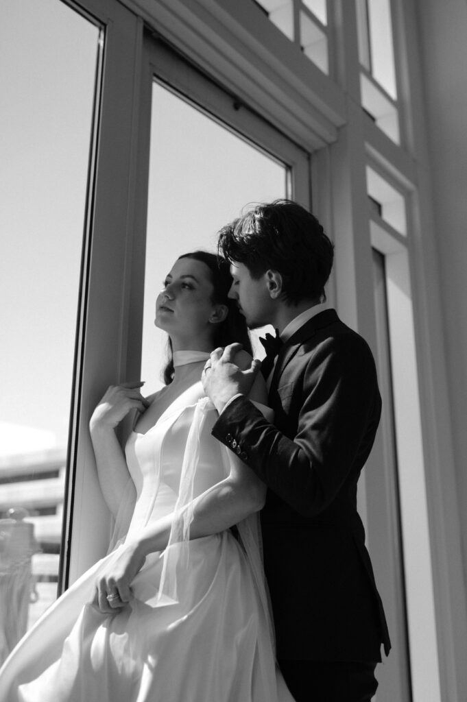 black and white photo of bride and groom