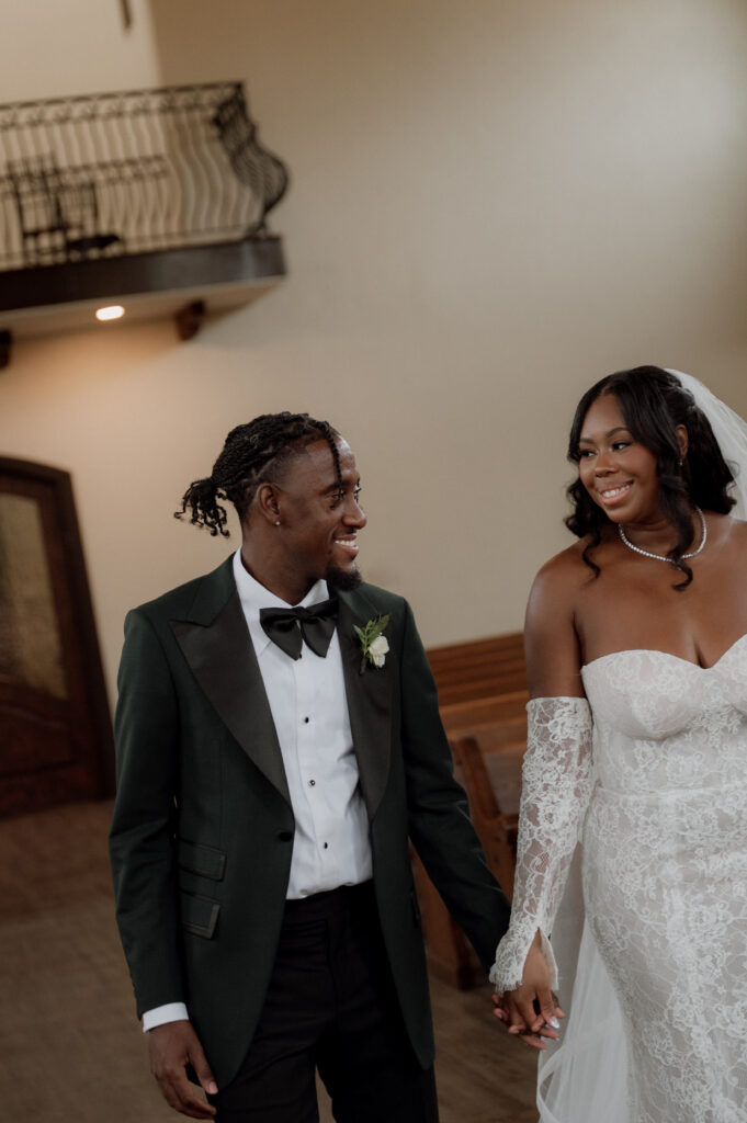 beautiful bride and groom walking together