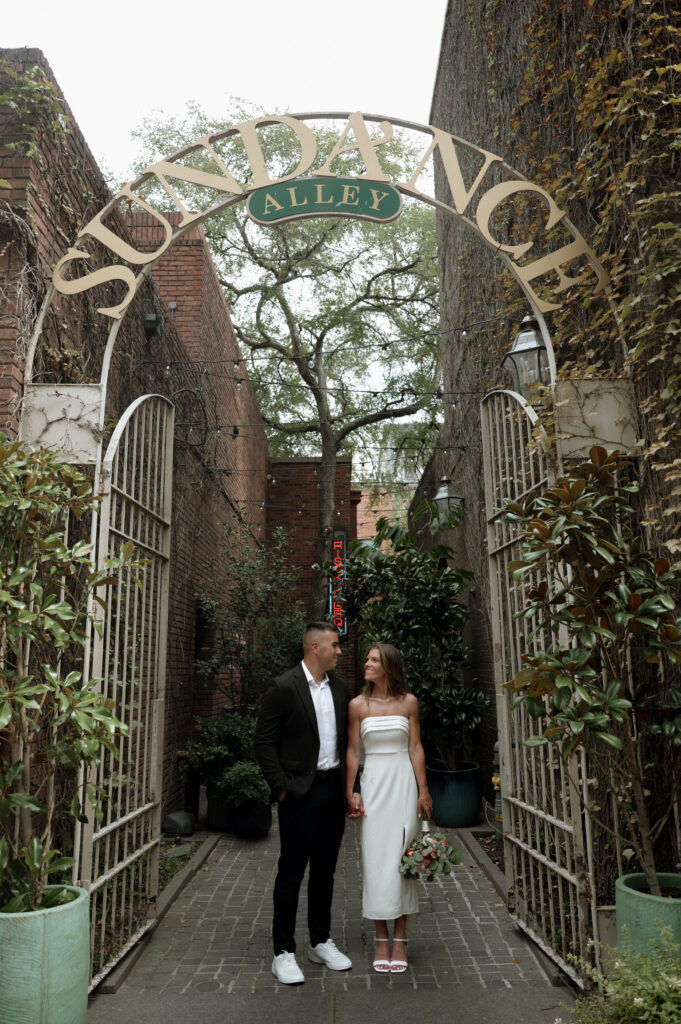 bride and groom in Sundance Alley in Fort Worth